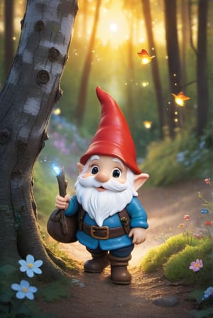 a little gnome walking  through a forest , three  quarters  view, large forest small gnome, dusk time, fire flies , sunset seen through the trees, whimsical  environment. the gnome is on the right side of the frame facing  left  walking towards the center of the  frame .