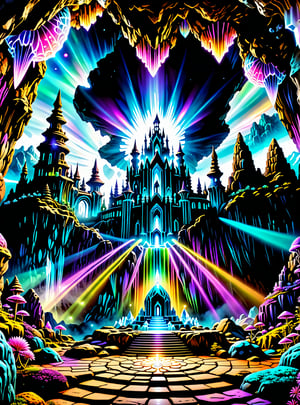 In the center of the cave entrance surrounded by a large crystal formations is a GIANT  CASTLE  AND A UFO MAE OF THAT IS MADE OUT OF SPIRITUAL ENERGY, it is made of translucent light and spiritual energy . A magical land psychedelic landscape wonderland with a  Guardian Spirit to watch over all. Dmt visuals. (visionary art style). ((symmetrical)) , uv, neon., uv highlights 
 fractals, sacred  geometry  and vivid color, (perfect symmetry),
 . Spirit realm, psychedelic landscape  , (masterpiece, best quality, ultra-detailed),, High detailed, detailed background, score_9, score_8_up, score_7_up, best quality, masterpiece,)) 4k,visionary art, everything fits into the image,