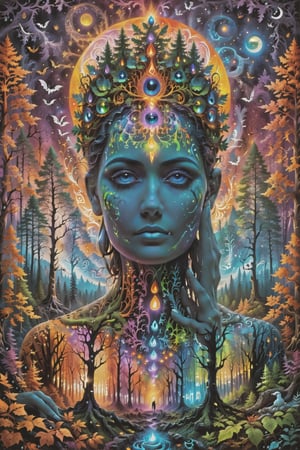 a forest of transcendence that opens up to the spirit realm surrounding breaking down physical reality into the spirit realm . human in meditation, fractals, vivid color, 
 . Spirit realm, metaphysical realm, esoteric,style , psychedelic landscape  , (masterpiece, best quality, ultra-detailed), (perfect hands, perfect anatomy), High detailed, detailed background, anatomically correct, beautiful face, detailed hands, perfect eyes, expressive eyes, score_9, score_8_up, score_7_up, best quality, masterpiece, 4k,visionary art,ULTIMATE LOGO MAKER [XL],bl4ckl1ghtxl,dd4ught3r,Halloween