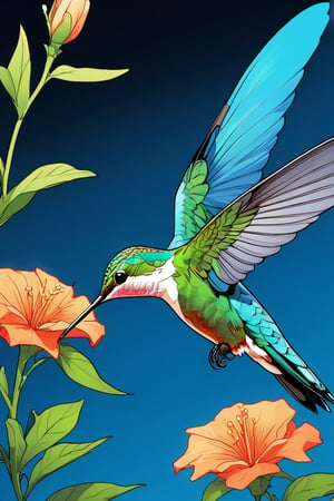 Pop Art Close-up shot of aa hummingbird feeding from a flower,from an anime-style illustration, rendered in realistic sketch style. The scene is framed within a blue gradient background that fades to black at the edges, adding depth and mystery.