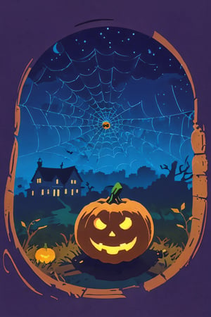 Pop Art medium shot of a halloween themed image,  spider web ,pumpkin, a bat, from an anime-style illustration, rendered in realistic sketch style. The scene is framed within out of focus graveyard and night sky background that fades out of focus , adding depth and mystery.5 colors,