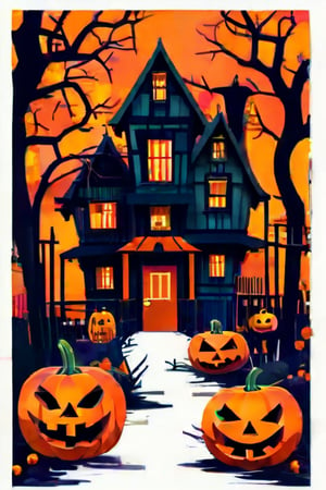 Flat art , 6 colors. Heavy line weight. Illustration scene  of a Halloween village  environment. Simplistic.  Minimalistic.  Cute image. Sfw, pumpkins. Spider webs. Halloween  color palette. 