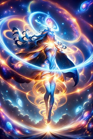 a female space shaman shrouded in cloak of light and stars,galaxy,space,portals,light being,stars,enchanted,fantasy,visionary art