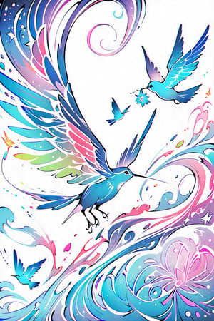 visionary art ,pen art,humming bird feeding from a flower, by Anna Dittmann and android jones, Vibrant, In Watercolour,pen art, visionary art, ,visionary art,Flat art , 6 colors. Heavy line weight. Illustration scene Simplistic. Minimalistic. Vibrant color. no shading . No highlights . Flat art