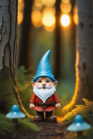 a little gnome walking  through a forest , three  quarters  view, large forest small gnome, dusk time, fire flies , sunset seen through the trees, whimsical  environment. 