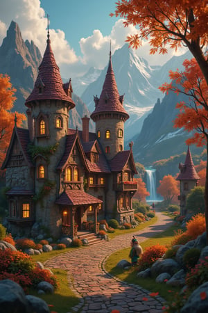  Beautiful Elven storybook cottage in a Fantasy Elven Village in autumn , mountains and waterfalls in the distance,Cobblestone road,atmospheric sun rays, gnomes elf villagers walking around,Trees, Hyperdetailed, colourful, digital Concept art, done on procreate,lightroom, Renaissance architecture, Lovely, Picturesque, Art by Eddie Mendoza, Studio Ghibli, Geometric Jean-baptiste Monge, Ivan Shishkin, Jordan Grimmer, An Jung-Hwan, yoann lossel, marc simonetti, HD, 8k