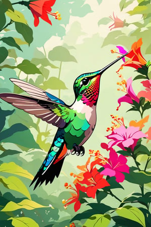 Flat art , 6 colors. Heavy line weight. Illustration, Picturesque, environment. Simplistic. Minimalistic.Vibrant color. no shading . No highlights . Flat art,(illustration),Pop Art Close-up shot of aa hummingbird feeding from a flower,from an anime-style illustration,  The scene is framed within a out of focus garden background that fades , 