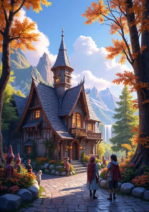  Beautiful Elven storybook cottage in a Fantasy Elven Village in autumn , mountains and waterfalls in the distance,Cobblestone road,atmospheric sun rays, gnomes elf villagers walking around,Trees, Hyperdetailed, colourful, digital Concept art, done on procreate,lightroom, Renaissance architecture, Lovely, Picturesque, Art by Eddie Mendoza, Studio Ghibli, Geometric Jean-baptiste Monge, Ivan Shishkin, Jordan Grimmer, An Jung-Hwan, yoann lossel, marc simonetti, HD, 8k