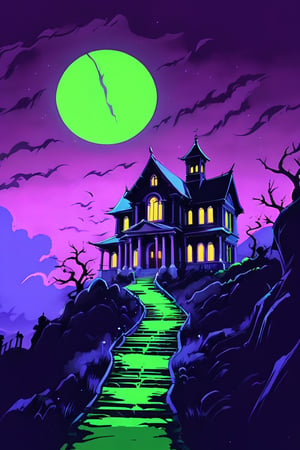 Pop Art medium shot of a halloween themed image, ,vampire manor on a hillside, green moon, clouds , from an anime-style illustration, rendered in realistic sketch style. The scene is within out of focus graveyard and night sky background that fades out of focus , adding depth and mystery.5 colors, simple image, colors, neon green, neon purple, dark blue, neon orange,dark purple,proper lighting effects