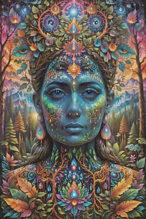 this person sits in a forest and transcends their ego mind and opens up to the spirit realm surrounding them. human in meditation, fractals, vivid color, 
"Visionary art is art that purports to transcend the physical world and portray a wider vision of awareness including spiritual or mystical themes, or is based in such experiences." , psychedelic visionary art ,animal spirits, ,spirits,spirit guides, , . Shamanic visions , ayahuasca visions . Spirit realm, metaphysical realm, esoteric,style, full body human,medium shot, perfect anatomy , psychedelic landscape surrounding the person , (masterpiece, best quality, ultra-detailed), (perfect hands, perfect anatomy), High detailed, detailed background, anatomically correct, beautiful face, detailed hands, perfect eyes, expressive eyes, score_9, score_8_up, score_7_up, best quality, masterpiece, 4k,visionary art,ULTIMATE LOGO MAKER [XL],bl4ckl1ghtxl