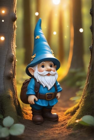 a little gnome walking  through a forest , three  quarters  view, large forest small gnome, dusk time, fire flies , sunset seen through the trees, whimsical  environment. 