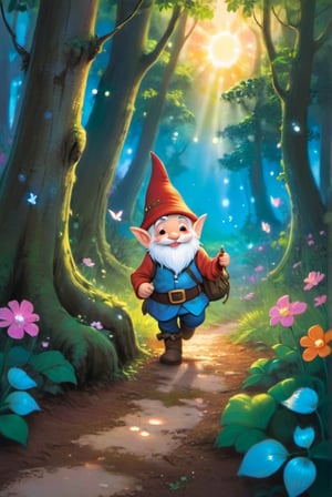 a little gnome walking through a forest of the beaten path in a dense lush magical forest, three quarters view, large forest compared to the small gnome, dusk time, fire flies , sunset seen through the trees, whimsical environment. the gnome is on the right side of the frame facing left towards the center of the image and is walking towards the center of the frame .