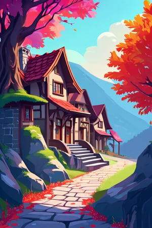 Flat art , 6 colors. Heavy line weight. Illustration scene Beautiful Elven storybook cottage in a Fantasy Elven Village in autumn , mountains and waterfalls in the distance,Cobblestone road,atmospheric sun rays,  colourful,  Renaissance architecture, Lovely, Picturesque,   environment. Simplistic.  Minimalistic.   Spider webs. Vibrant color.  no shading . No highlights . Flat art