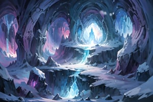 a crystal cave open up to a snow landscape with a giant portal of transcendent light  beaming up into the sky, 