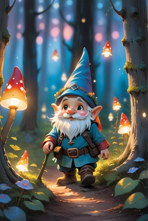 a little gnome walking  through a forest , three  quarters  view, large forest small gnome, dusk time, fire flies , sunset seen through the trees, whimsical  environment. 