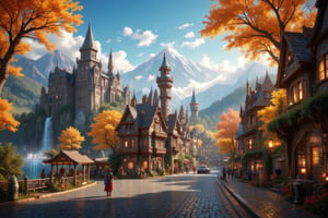  Beautiful Elven university and storybook cottages and shops  in a Fantasy Elven Village in autumn , mountains and waterfalls in the distance,Cobblestone road,atmospheric sun rays, gnomes elf villagers walking around,Trees, Hyperdetailed, colourful, digital Concept art, done on procreate,lightroom, Renaissance architecture, Lovely, Picturesque, Art by Eddie Mendoza, Studio Ghibli, Geometric Jean-baptiste Monge, Ivan Shishkin, Jordan Grimmer, An Jung-Hwan, yoann lossel, marc simonetti, HD, 8k,