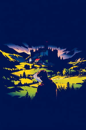 Pop Art   a man stand sitting in a top of a mountain, looking for a distant dark black color and obscure castle in the field, a small villlage with a central square stand in front of the castle, , panoramic view, , incredibly lifelike perfect shadows, atmospheric lighting, volumetric lighting, sharp focus, focus on eyes, masterpiece,7 colors, simple image, 