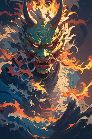 : Pop Art medium shot of oni mask an a dragon, oni , japanese devil mask with a dragon  slithering around behind the mask with its face coming out by the base of the mask , fine texture, incredibly lifelike perfect shadows,vector art, volumetric lighting, sharp focus, focus on eyes, masterpiece,, simple image, the oni is breathing out smoke, uv colors ,eon highlights,  proper anatomy , no shading, simple line art , vector lines, , , illustration, , A beautifully designed image, ink pen illustration in the style, . Crisp lines, realistic, a page for a , high quality, better hands, better feet, extremely high-resolution details, photographic, , fine texture, incredibly lifelike perfect shadows, atmospheric lighting, volumetric lighting, sharp focus, 

