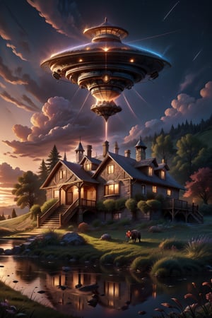 a UFO over a farmhouse in the country side at dusk