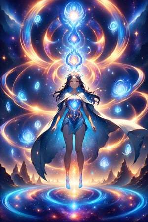 (a female space shaman shrouded in cloak of light and stars),galaxy,space,portals,light being,stars,enchanted,fantasy,visionary art