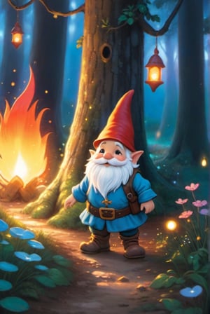 a little gnome walking  through a forest , three  quarters  view, large forest small gnome, dusk time, fire flies , sunset seen through the trees, whimsical  environment. the gnome is on the right side of the frame facing  left  walking towards the center of the  frame .