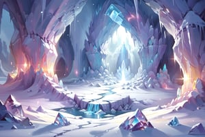 a crystal cave open up to a snow landscape with a giant portal of transcendent light  beaming up into the sky, 