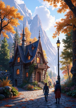  Beautiful Elven storybook cottage in a Fantasy Elven Village in autumn , mountains and waterfalls in the distance,Cobblestone road,atmospheric sun rays, gnomes elf villagers walking around,Trees, Hyperdetailed, colourful, digital Concept art, done on procreate,lightroom, Renaissance architecture, Lovely, Picturesque, Art by Eddie Mendoza, Studio Ghibli, Geometric Jean-baptiste Monge, Ivan Shishkin, Jordan Grimmer, An Jung-Hwan, yoann lossel, marc simonetti, HD, 8k