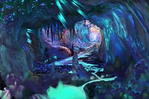 a crystal cave open up to a snow landscape with a giant portal of transcendent light  beaming up into the sky, the cave is full of glowing magic mushrooms, stalagmites and stalactites 