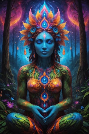 a forest of transcendence that opens up to the spirit realm surrounding breaking down physical reality into the spirit realm . human in meditation, fractals, vivid color, 
"Visionary art is art that purports to transcend the physical world and portray a wider vision of awareness including spiritual or mystical themes, or is based in such experiences." , psychedelic visionary art ,animal spirits, ,spirits,spirit guides, , . Shamanic visions , ayahuasca visions . Spirit realm, metaphysical realm, esoteric,style, full body human,medium shot, perfect anatomy , psychedelic landscape surrounding the person , (masterpiece, best quality, ultra-detailed), (perfect hands, perfect anatomy), High detailed, detailed background, anatomically correct, beautiful face, detailed hands, perfect eyes, expressive eyes, score_9, score_8_up, score_7_up, best quality, masterpiece, 4k,visionary art,ULTIMATE LOGO MAKER [XL],bl4ckl1ghtxl,visionary art style