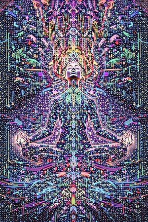 this person sits in a different dimension  as they have  transcended their ego mind  opens up to the spirit realm surrounding them. human in meditation, fractals, vivid color, "Visionary art is art that purports to transcend the physical world and portray a wider vision of awareness including spiritual or mystical themes, or is based in such experiences." , psychedelic visionary art ,spirits,spirit guides,DMT Environment . Shamanic visions , ayahuasca visions . Spirit realm, metaphysical realm, esoteric,style, full body human,medium shot, perfect anatomy , psychedelic landscape surrounding the person ,environment overlayed with ripples of fractal energy (masterpiece, best quality, ultra-detailed), (perfect hands, perfect anatomy), High detailed, detailed background, anatomically correct, beautiful face, detailed hands, perfect eyes, expressive eyes, score_9, score_8_up, score_7_up, best quality, masterpiece, 4k,visionary art,ULTIMATE LOGO MAKER [XL],bl4ckl1ghtxl, by Jonathan Solter and Fabian Jimenez,ElohProjects, simon haiduk