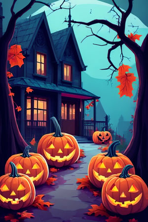 Flat art , 4 colors. Heavy line weight. Illustration scene  of a Halloween village  environment. Simplistic.  Minimalistic.  Cute image. Sfw, pumpkins. Spider webs. Halloween  color palette. Vibrant color. 