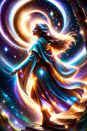 a female  angel shrouded in cloak of light and stars descends down to earth ,portals of light ,light being,stars,enchanted,fantasy,visionary art,dynamic beautiful environment , 