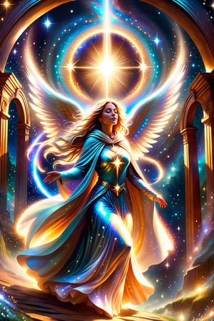 a female  angel shrouded in cloak of light and stars descends down to earth ,portals of light ,light being,stars,enchanted,fantasy,visionary art,dynamic beautiful environment , 