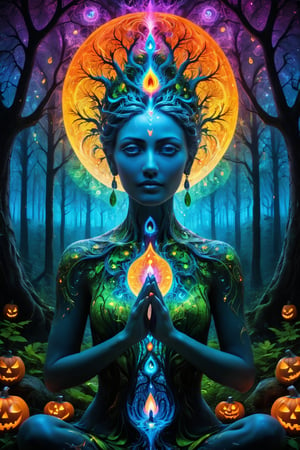 a forest of transcendence that opens up to the spirit realm surrounding breaking down physical reality into the spirit realm . human in meditation, fractals, vivid color, 
 . Spirit realm, metaphysical realm, esoteric,style , psychedelic landscape  , (masterpiece, best quality, ultra-detailed), (perfect hands, perfect anatomy), High detailed, detailed background, anatomically correct, beautiful face, detailed hands, perfect eyes, expressive eyes, score_9, score_8_up, score_7_up, best quality, masterpiece, 4k,visionary art,ULTIMATE LOGO MAKER [XL],bl4ckl1ghtxl,dd4ught3r,Halloween