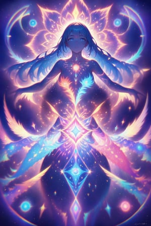  visionary art ,pen art, (symmetrical), spirit guide among a matrix of energy and light,bl4ckl1ghtxl,,transparent caustics light ,epic composition,universal energy, uv pastel colours, sacred geometry, divine being in the comsic astral matrix of another reality,