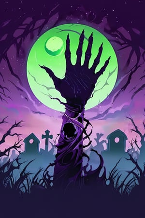 Pop Art medium shot of a Halloween themed image, Grim reaper reaching out skeletal hand towards viewer shrouded dark mist shadow glowing purple eye, eye green moon, clouds , from an anime-style illustration, rendered in realistic sketch style. The scene is within out of focus graveyard and night sky background that fades out of focus , adding depth and mystery.5 colors, simple image, colors, neon green, neon purple, dark blue, neon orange,dark purple,proper lighting effects