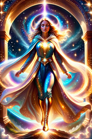 a female  angel shrouded in cloak of light and stars descends down to earth ,portals of light ,light being,stars,enchanted,fantasy,visionary art,dynamic beautiful environment , 