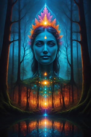 a forest of transcendence that opens up to the spirit realm surrounding breaking down physical reality into the spirit realm . human in meditation, fractals, vivid color, 
 . Spirit realm, metaphysical realm, esoteric,style , psychedelic landscape  , (masterpiece, best quality, ultra-detailed), (perfect hands, perfect anatomy), High detailed, detailed background, anatomically correct, beautiful face, detailed hands, perfect eyes, expressive eyes, score_9, score_8_up, score_7_up, best quality, masterpiece, 4k,visionary art,ULTIMATE LOGO MAKER [XL],bl4ckl1ghtxl,dd4ught3r,Halloween