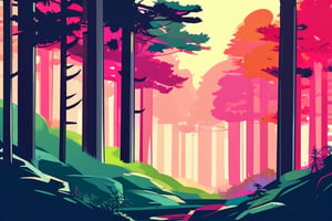 Flat art , 6 colors. Heavy line weight. Illustration scene  of a old growth forest  environment. Simplistic.  Minimalistic.    Vibrant color.  no shading . No highlights . Flat art