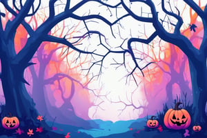 Flat art , 6 colors. Heavy line weight. Illustration scene  of a Halloween themed  environment. Simplistic.  Minimalistic.  Cute image. Sfw, pumpkins. Spider webs. Halloween  color palette. Vibrant color. (Spider webs between some of the trees )