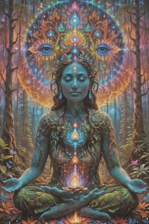 this person sits in a forest and transcends their ego mind and opens up to the spirit realm surrounding them. human in meditation, fractals, vivid color, 
"Visionary art is art that purports to transcend the physical world and portray a wider vision of awareness including spiritual or mystical themes, or is based in such experiences." , psychedelic visionary art ,animal spirits, ,spirits,spirit guides, , . Shamanic visions , ayahuasca visions . Spirit realm, metaphysical realm, esoteric,style, full body human,medium shot, perfect anatomy , psychedelic landscape surrounding the person , (masterpiece, best quality, ultra-detailed), (perfect hands, perfect anatomy), High detailed, detailed background, anatomically correct, beautiful face, detailed hands, perfect eyes, expressive eyes, score_9, score_8_up, score_7_up, best quality, masterpiece, 4k,visionary art,ULTIMATE LOGO MAKER [XL],bl4ckl1ghtxl