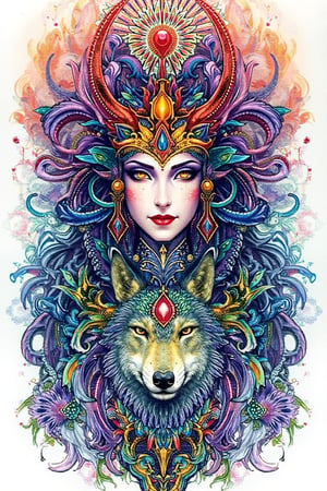 visionary art ,pen ink art medium ,Dark Dramatic Ancient Elegant Egyptian Goddess and a wolf spirit, by Anna Dittmann and android jones, Vibrant, done with Watercolour and pen ink, visionary art, symmetrical ,visionary art,Flat art , 6 colors. Heavy line weight. Illustration scene Dark Dramatic Ancient Elegant Egyptian Rain Goddes and her wolf and dragon water spirits, Simplistic. Minimalistic. Vibrant color. no shading . No highlights . Flat art