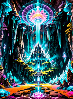 ((In the center of the MYSTICAL cave entrance surrounded by a large crystal formations is a GIANT  CASTLE  AND A  SEMI TRANSPARENT UFO MADE OF ASTRAL ENERGY HOVERS OF THE CASTLE THAT IS  MADE OUT OF SPIRITUAL ENERGY, it is made of translucent light and spiritual energy)) . A magical land psychedelic landscape wonderland with a  Guardian Spirit to watch over all. Dmt visuals. (visionary art style). ((symmetrical)) , uv, neon., uv highlights 
 fractals, sacred  geometry  and vivid color, (perfect symmetry),
 . Spirit realm, psychedelic landscape  , (masterpiece, best quality, ultra-detailed),, High detailed, detailed background, score_9, score_8_up, score_7_up, best quality, masterpiece,)) 4k,visionary art, everything fits into the image,