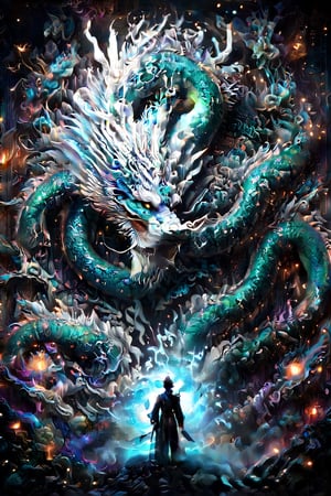 a massive dragon made of light and comsic energy guards the gates to another realm a wanderer stand before the dragon seeking passage , the spirit realm overlays the pysical realtiy  surrounding the wanderer , . , fractals, vivid color, 
"Visionary art style , psychedelic visionary art ,animal spirits, ,spirits,spirit guides,. Shamanic visions ,(the dragons body is not pysical it is transparent light energy )  . Spirit realm, metaphysical realm, esoteric,style, full body human,medium shot, perfect anatomy , psychedelic landscape surrounding the person , (masterpiece, best quality, ultra-detailed), (perfect hands, perfect anatomy), High detailed, detailed background, anatomically correct, beautiful face, detailed hands, perfect eyes, expressive eyes, score_9, score_8_up, score_7_up, best quality, masterpiece, 4k,visionary art,ULTIMATE LOGO MAKER [XL],bl4ckl1ghtxl,visionary art style, oriental dragon,1dragon,Dragonyear 