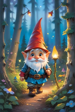 a little gnome walking  through a forest , three  quarters  view, large forest small gnome, dusk time, fire flies , sunset seen through the trees, whimsical  environment. the gnome is on the right side of the frame facing  left  walking towards the center of the  frame .