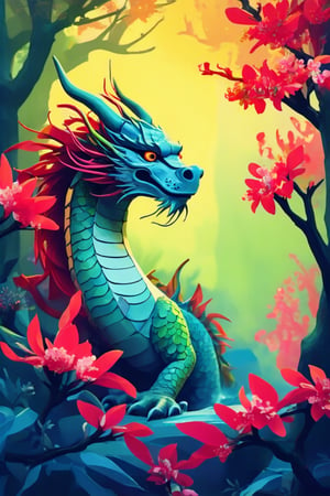 Flat art , 6 colors. Heavy line weight. Illustration scene ,Pop Art Close-up shot of aa chinese dragon  The scene is framed within a out of focus garden background that fades , . Simplistic.  Minimalistic.    Vibrant color.  no shading . No highlights . Flat art