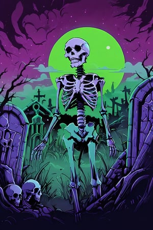 Pop Art medium shot of a halloween themed image, ,skeleton, green moon, clouds , from an anime-style illustration, rendered in realistic sketch style. The scene is within out of focus graveyard and night sky background that fades out of focus , adding depth and mystery.5 colors, simple image, colors, neon green, neon purple, dark blue, neon orange,dark purple,proper lighting effects