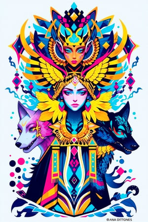 visionary art ,pen ink art medium ,Dark Dramatic Ancient Elegant Egyptian Goddess and a wolf spirit, by Anna Dittmann and android jones, Vibrant, done with Watercolour and pen ink, visionary art, symmetrical ,visionary art,Flat art , 6 colors. Heavy line weight. Illustration scene Dark Dramatic Ancient Elegant Egyptian Rain Goddes and her wolf and dragon water spirits, Simplistic. Minimalistic. Vibrant color. no shading . No highlights . Flat art, rug design,