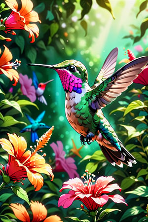 masterpiece), (best quality), (ultra detailed),(illustration),Pop Art Close-up shot of aa hummingbird feeding from a flower,from an anime-style illustration, rendered in realistic sketch style. The scene is framed within a out of focus garden background that fades , adding depth and mystery.