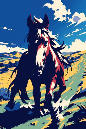 Pop Art   a horse running in on the plains, panoramic view, extremely high-resolution details, photographic, realism pushed to extreme, fine texture, incredibly lifelike perfect shadows, atmospheric lighting, volumetric lighting, sharp focus, focus on eyes, masterpiece,5 colors, simple image, 